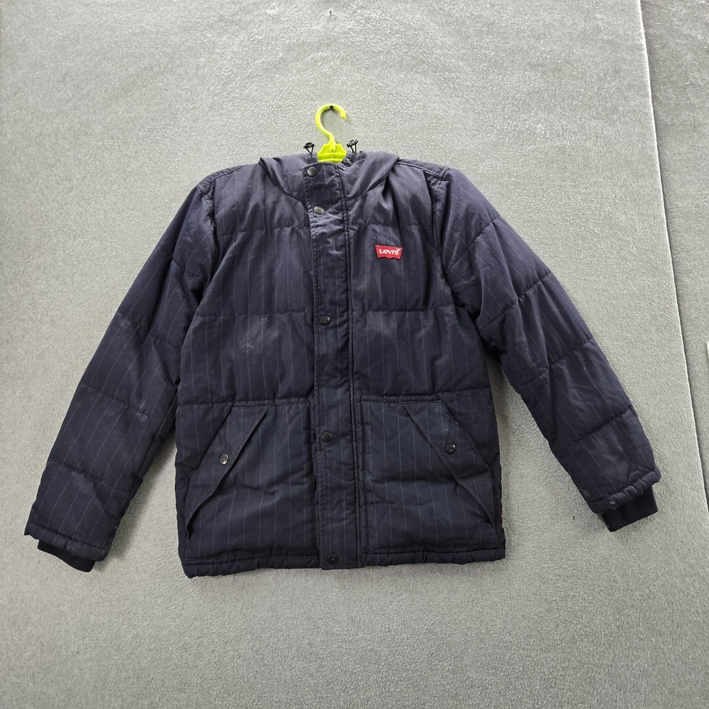 Levi's Men Jacket S Navy Striped Puffer Hooded Zipper READ